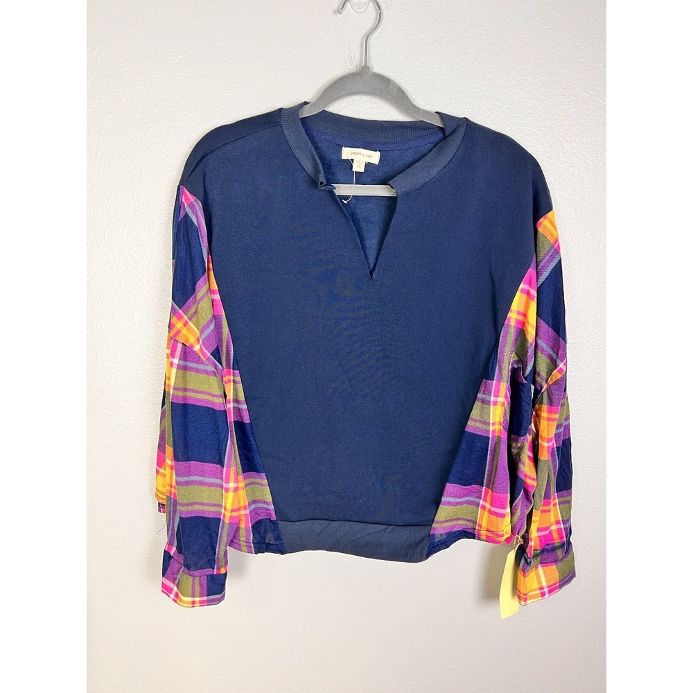 Paper & Tee Navy Blue Plaid Flannel Pullover V Neck Sweater US 1X Womens NWT